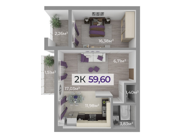 ЖК Долішній: планировка 2-комнатной квартиры 59.6 м²