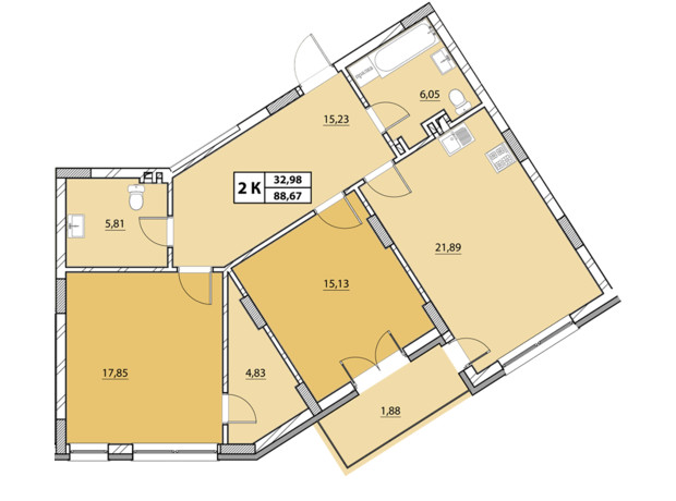 ЖК Гиацинт-Люкс: планировка 2-комнатной квартиры 88.76 м²