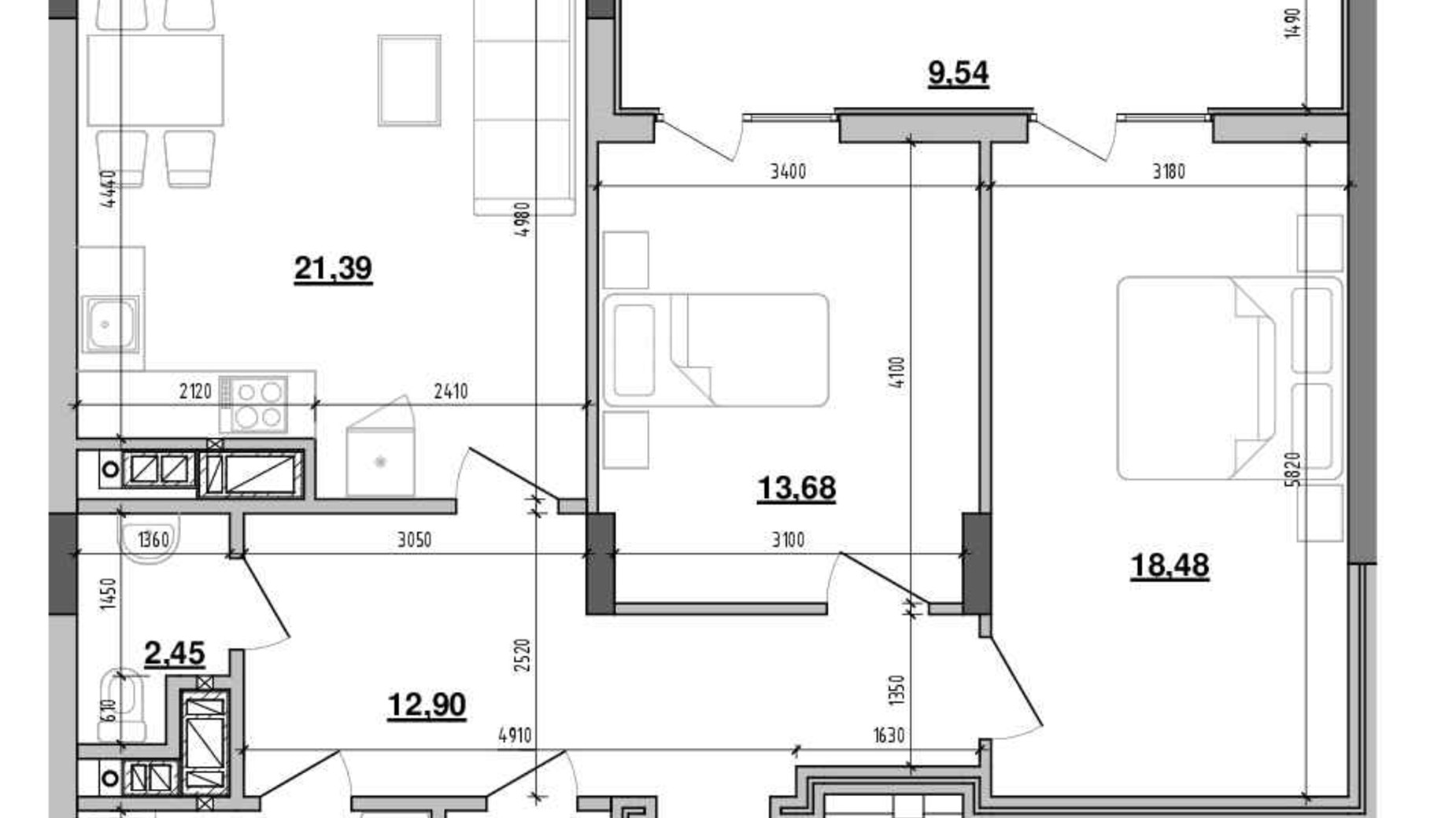 Планування 2-кімнатної квартири в ЖК Містечко Підзамче 86.5 м², фото 574935