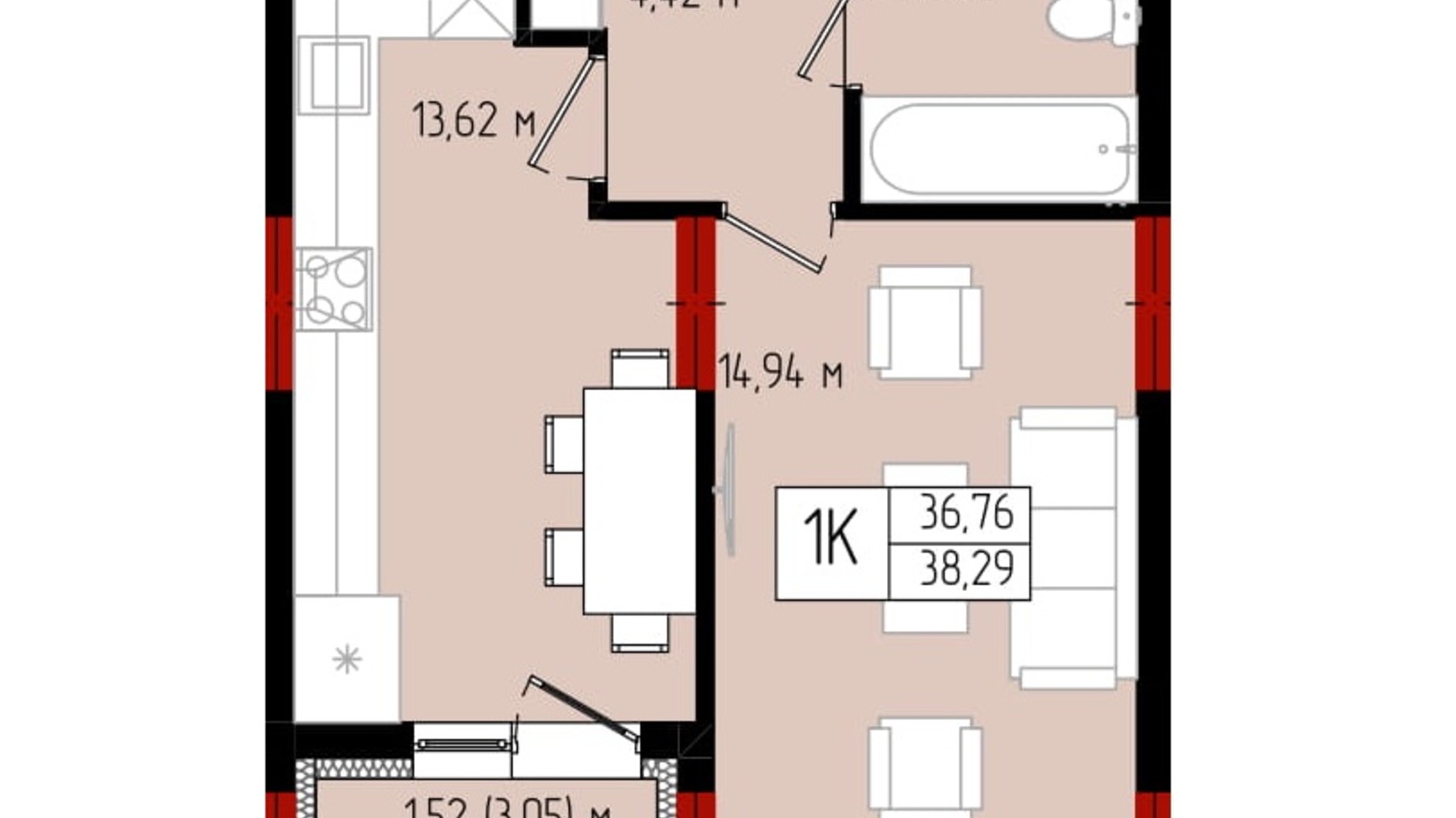 Планировка 1-комнатной квартиры в ЖК Квартал №5 38.29 м², фото 575055