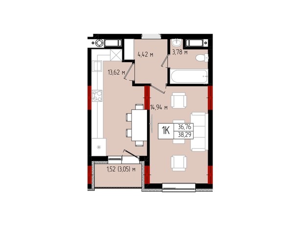 ЖК Квартал №5: планировка 1-комнатной квартиры 38.29 м²