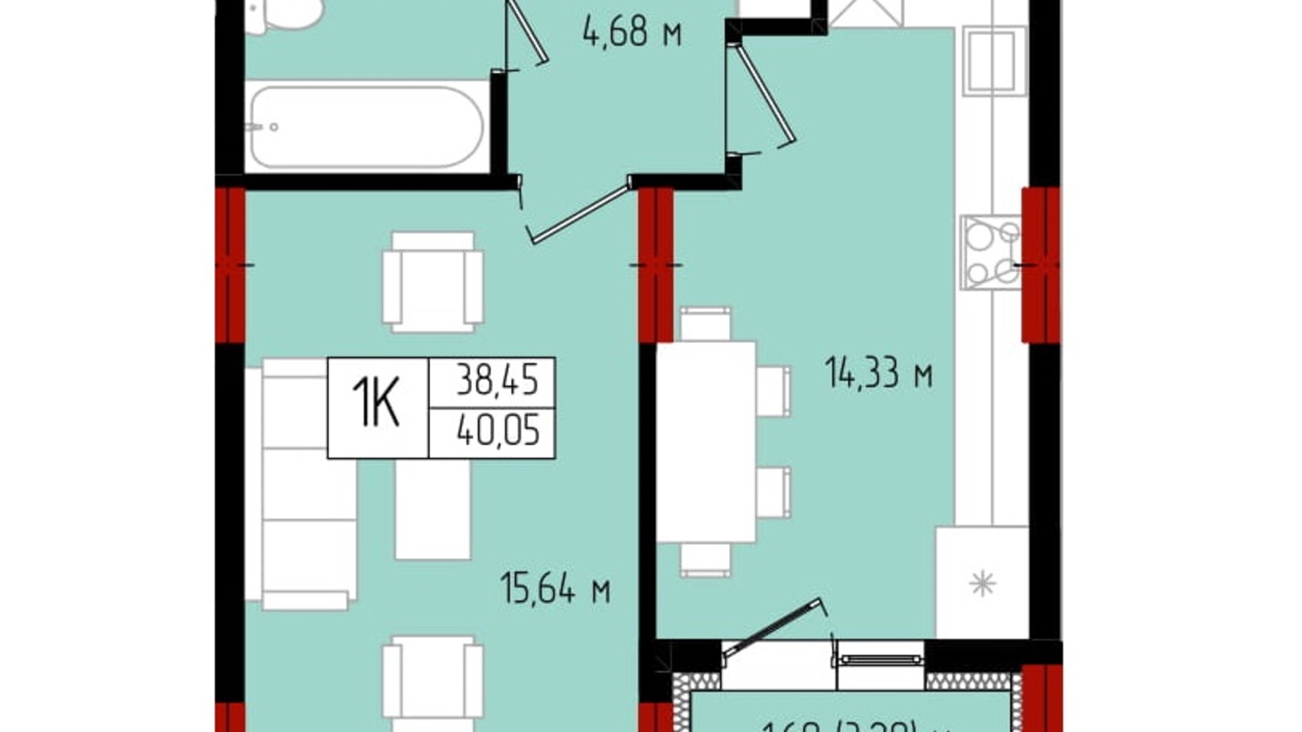 Планування 1-кімнатної квартири в ЖК Квартал №5 40.05 м², фото 575056