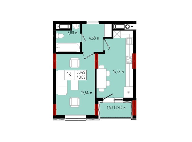 ЖК Квартал №5: планировка 1-комнатной квартиры 40.05 м²