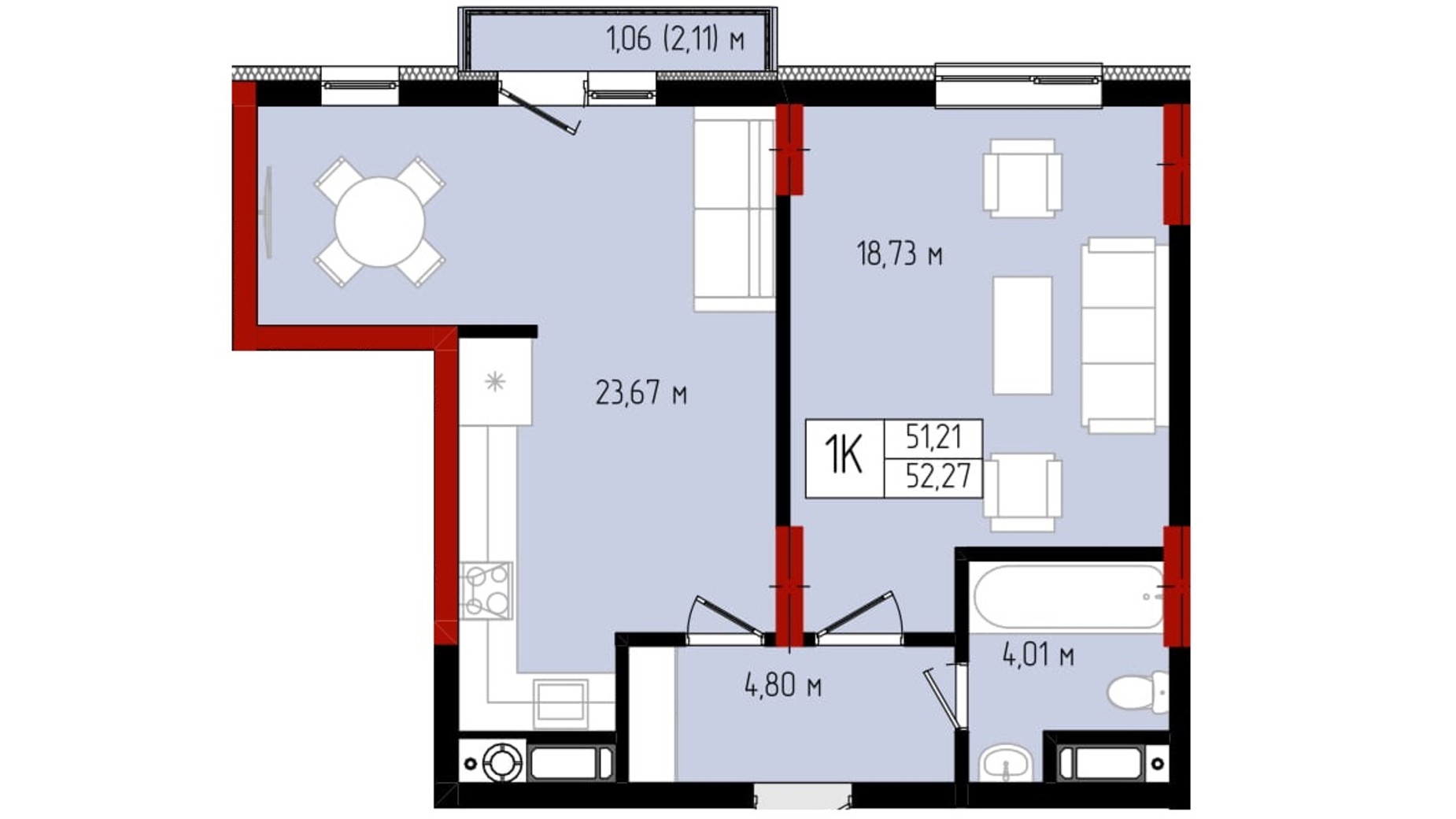 Планування 1-кімнатної квартири в ЖК Квартал №5 52.27 м², фото 575057