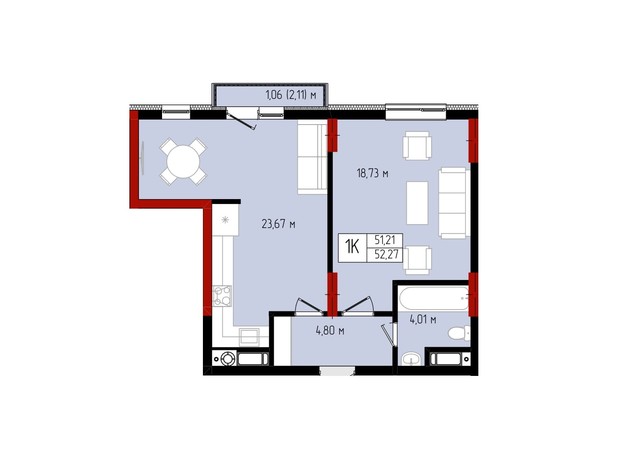 ЖК Квартал №5: планировка 1-комнатной квартиры 52.27 м²