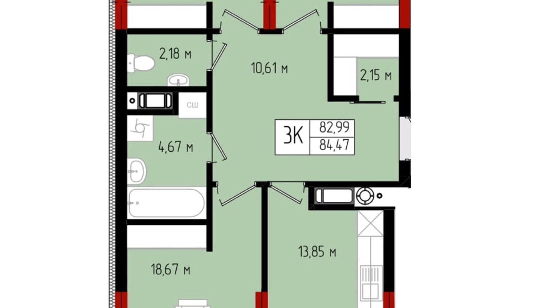 Планировка 3-комнатной квартиры в ЖК Квартал №5 84.47 м², фото 575059