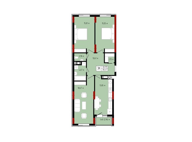 ЖК Квартал №5: планировка 3-комнатной квартиры 84.47 м²