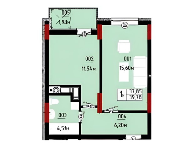 ЖК Квартал №5: планування 1-кімнатної квартири 39.78 м²