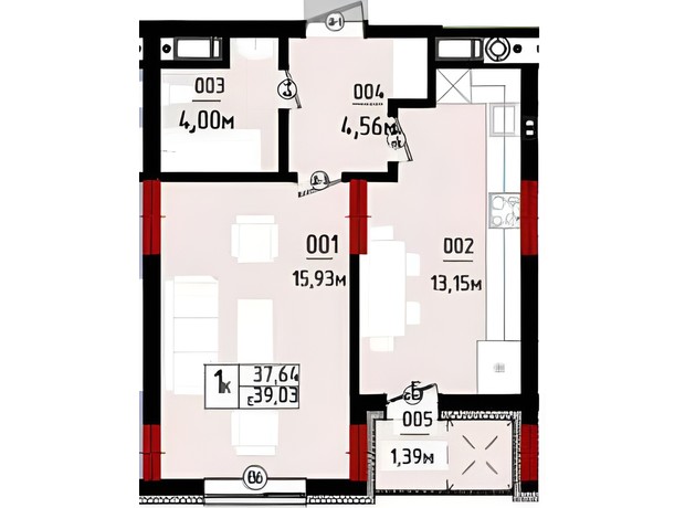 ЖК Квартал №5: планировка 1-комнатной квартиры 39.03 м²