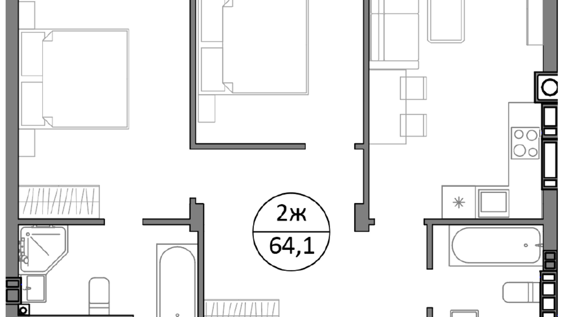 Планування 2-кімнатної квартири в ЖК Грінвуд-2 64.1 м², фото 575177