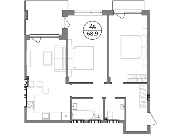 ЖК Гринвуд-2: планировка 2-комнатной квартиры 68.9 м²