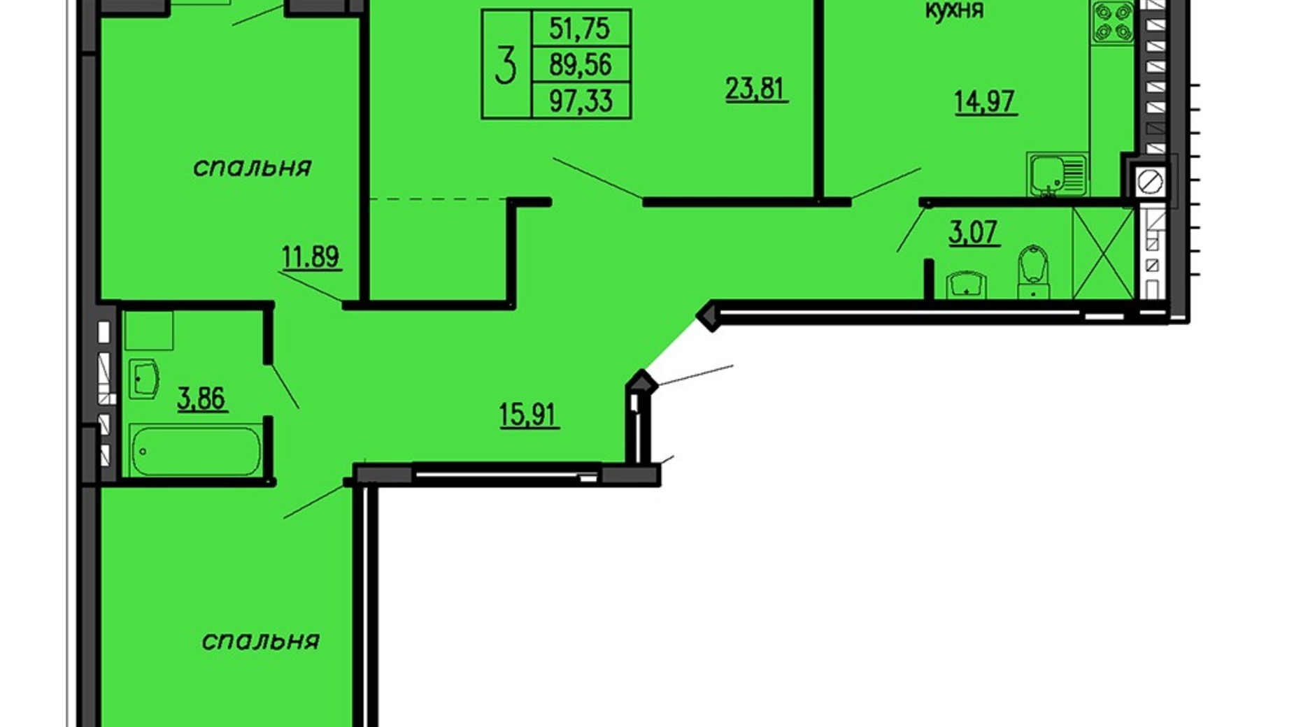 Планировка 3-комнатной квартиры в ЖК Бандери-Нова 97.33 м², фото 575296