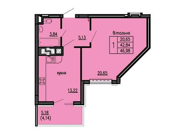 ЖК Бандери-Нова: планування 1-кімнатної квартири 46.98 м²