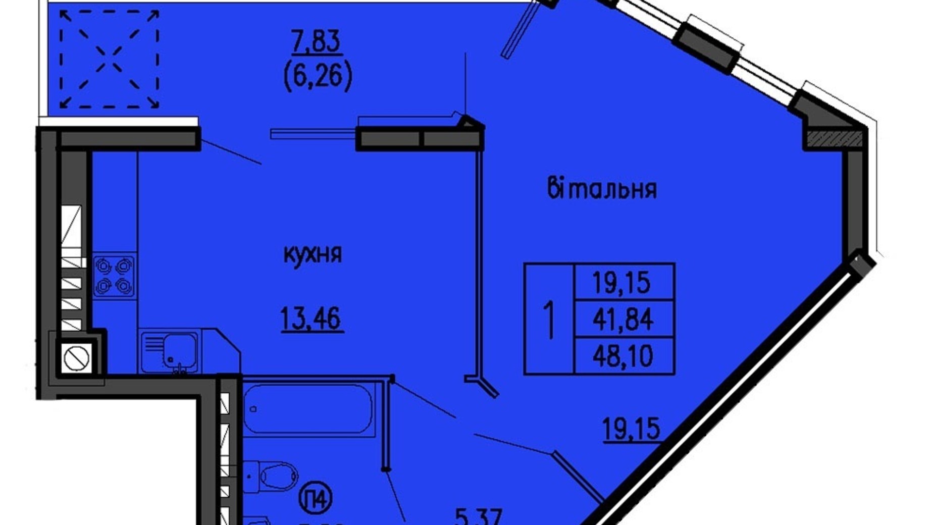 Планировка 1-комнатной квартиры в ЖК Бандери-Нова 48.1 м², фото 575299