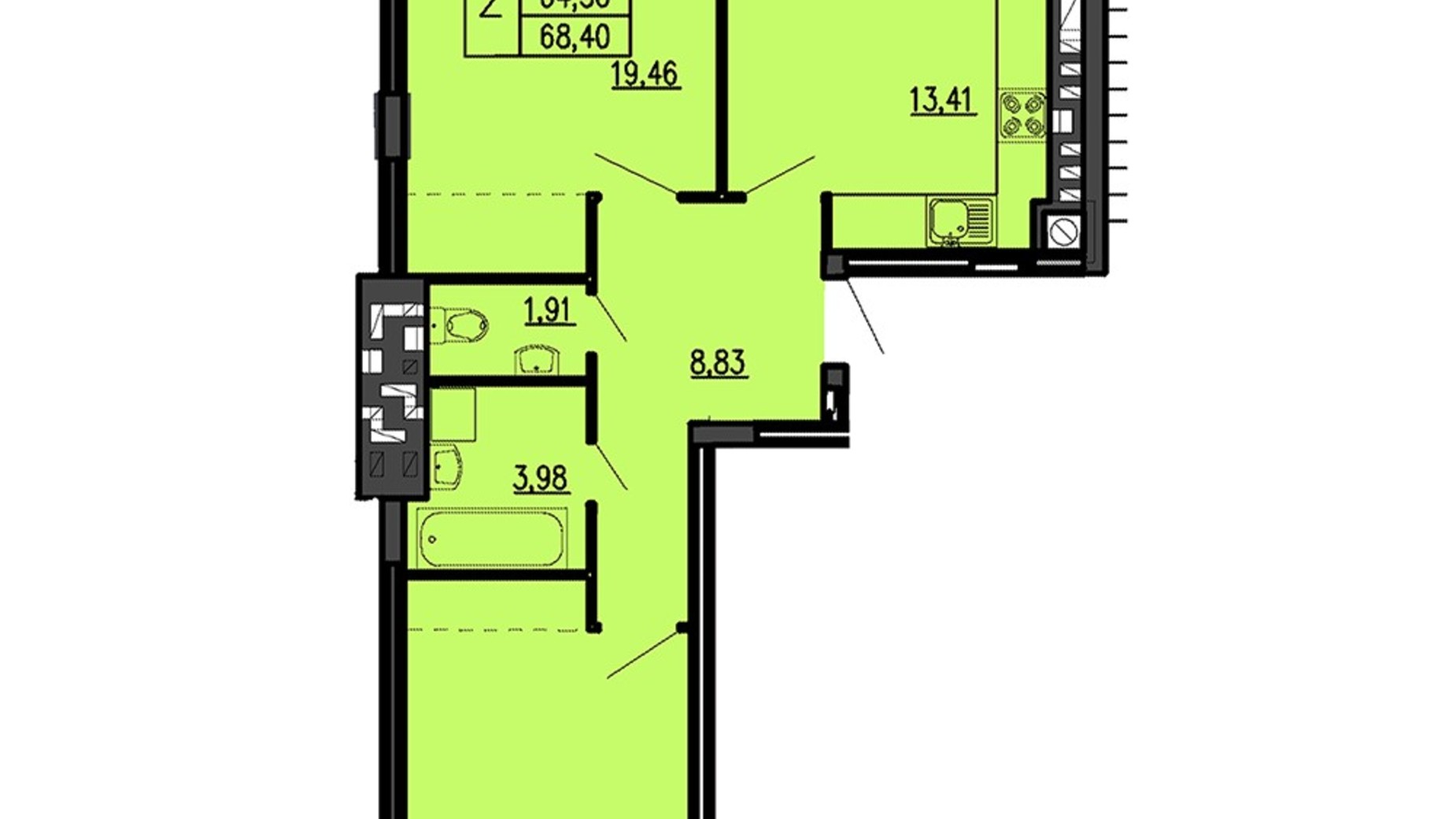 Планировка 2-комнатной квартиры в ЖК Бандери-Нова 68.4 м², фото 575301