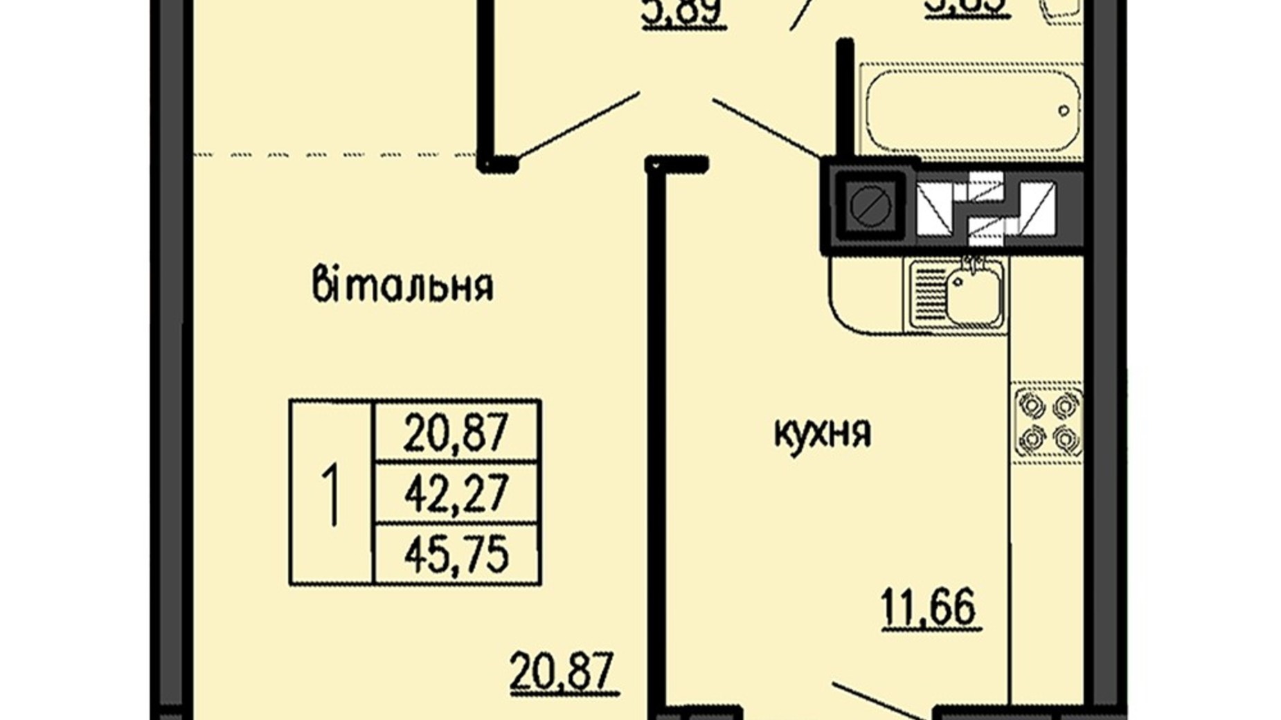 Планування 1-кімнатної квартири в ЖК Бандери-Нова 45.75 м², фото 575302