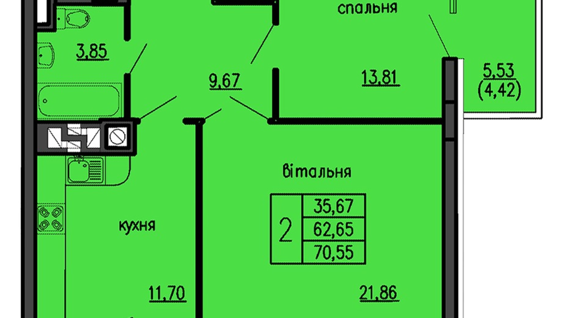 Планування 2-кімнатної квартири в ЖК Бандери-Нова 70.55 м², фото 575303