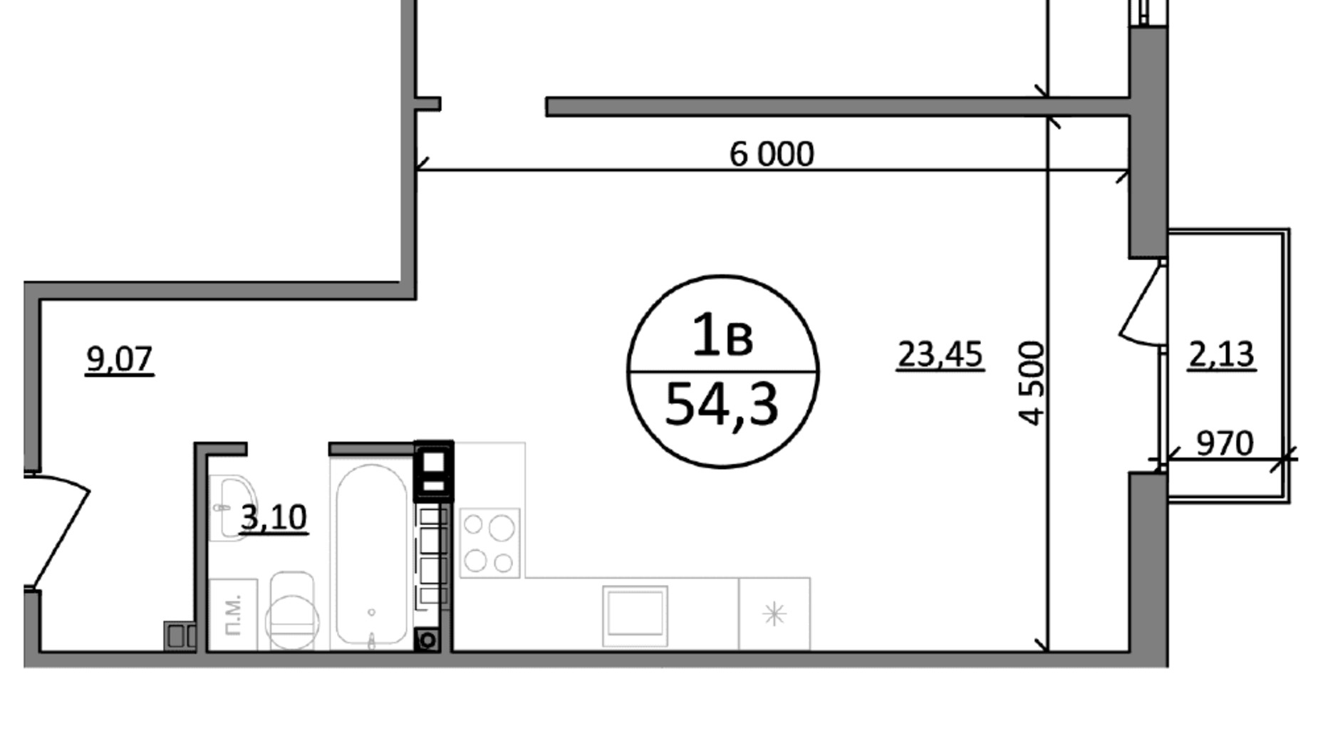 Планування 1-кімнатної квартири в ЖК Парксайд 31.6 м², фото 575344