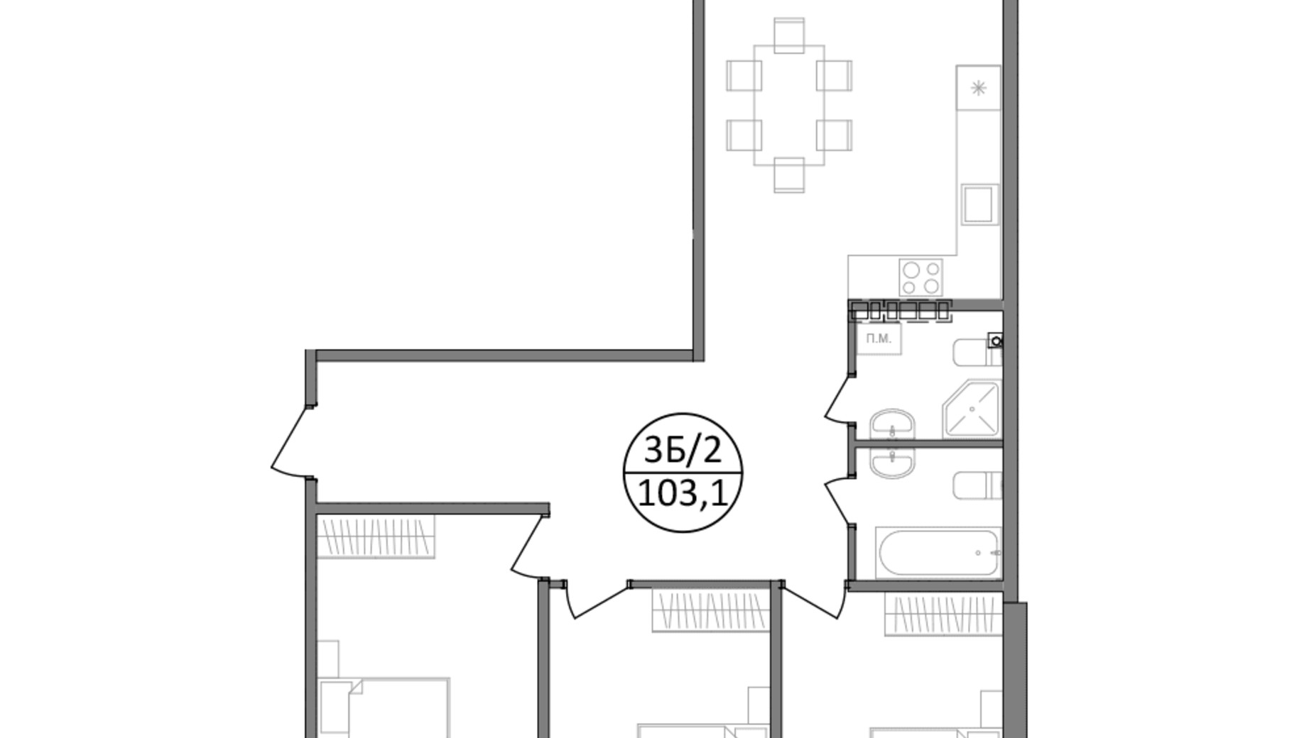 Планування 3-кімнатної квартири в ЖК Парксайд 103.1 м², фото 575346