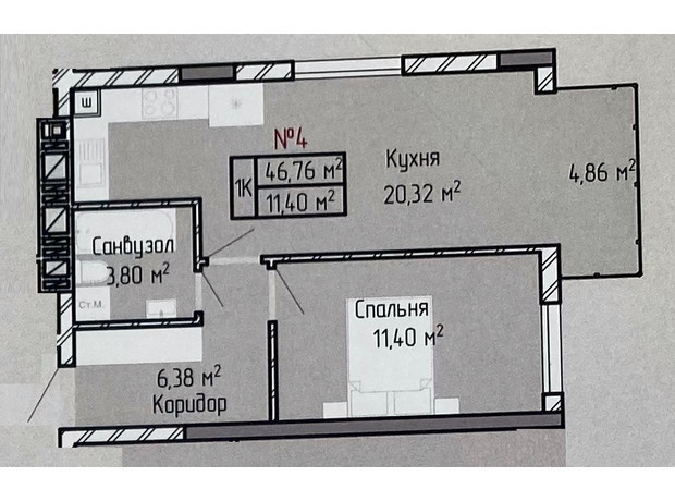 ЖБК Вербицького, 7: планировка 1-комнатной квартиры 46.76 м²