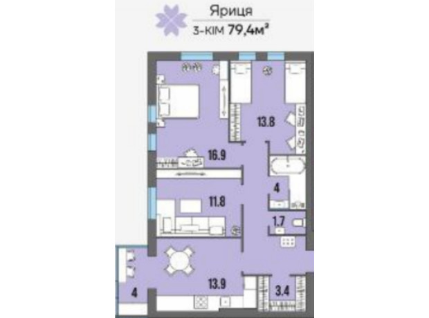 ЖК U Home: планировка 3-комнатной квартиры 79.4 м²