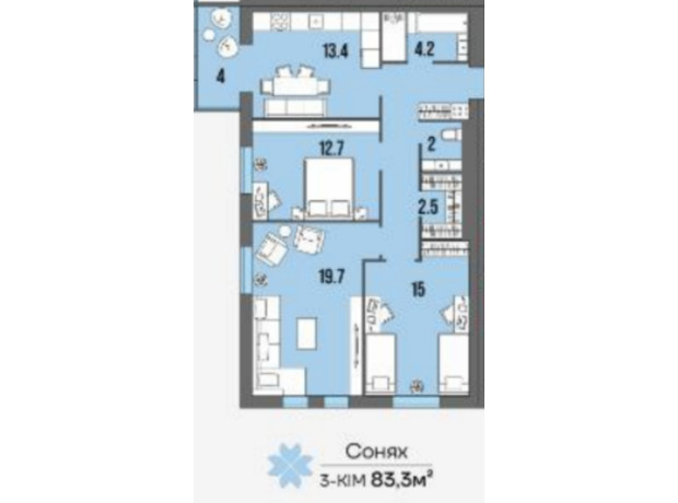 ЖК U Home: планировка 3-комнатной квартиры 83.3 м²