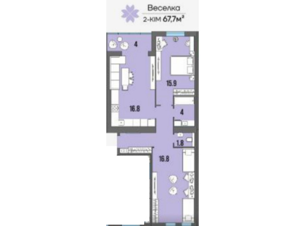 ЖК U Home: планування 2-кімнатної квартири 67.7 м²