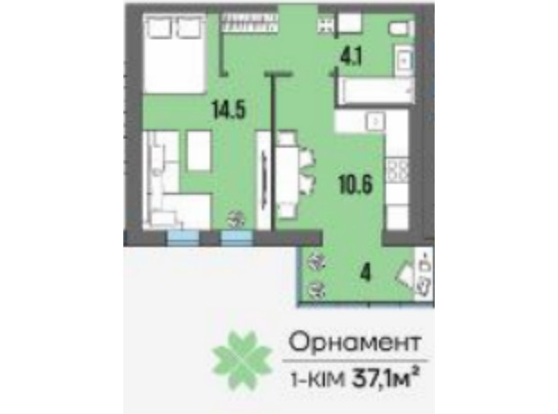 ЖК U Home: планировка 1-комнатной квартиры 37.1 м²