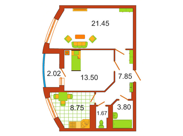 ЖК Сияние: планировка 2-комнатной квартиры 61 м²