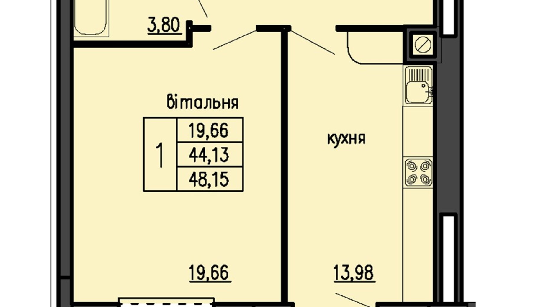 Планировка 1-комнатной квартиры в ЖК Бандери-Нова 48.86 м², фото 575738