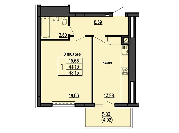 ЖК Бандери-Нова: планування 1-кімнатної квартири 48.86 м²