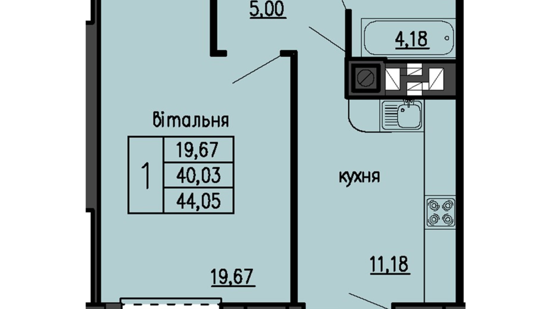 Планування 1-кімнатної квартири в ЖК Бандери-Нова 44.05 м², фото 575739