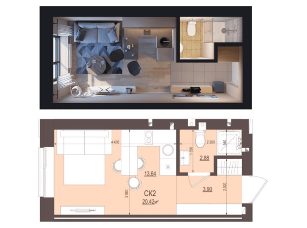 ЖК Сенсация: планировка 1-комнатной квартиры 20.42 м²