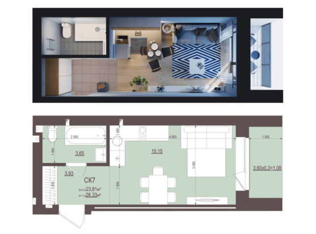 ЖК Сенсация: планировка 1-комнатной квартиры 26.33 м²