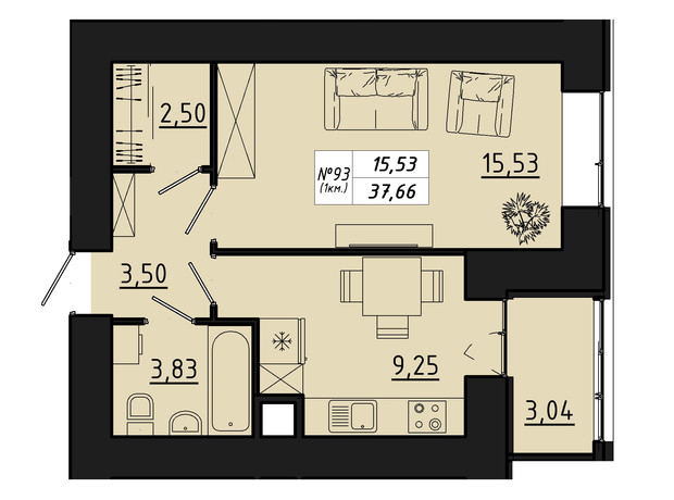 ЖК Freedom: планування 1-кімнатної квартири 37.66 м²