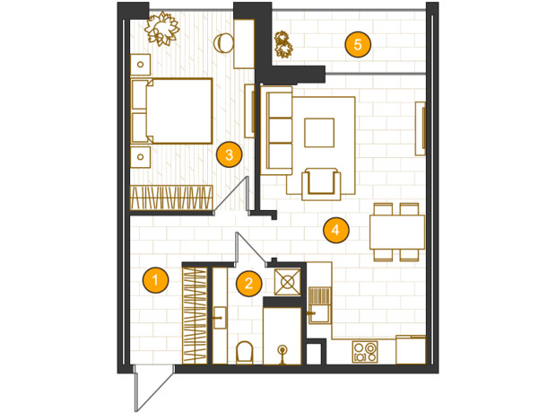 ЖК Royal Residence: планировка 1-комнатной квартиры 55.9 м²