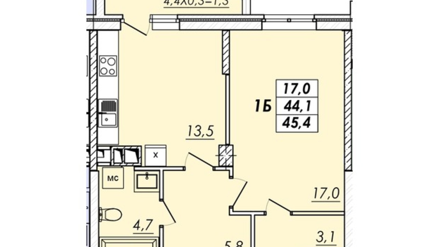 Планування 1-кімнатної квартири в ЖК Realpark 45.4 м², фото 576282