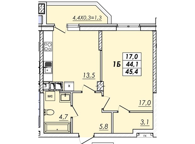 ЖК Realpark: планування 1-кімнатної квартири 45.4 м²