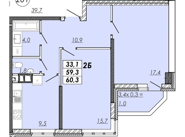 ЖК Realpark: планировка 2-комнатной квартиры 60.3 м²
