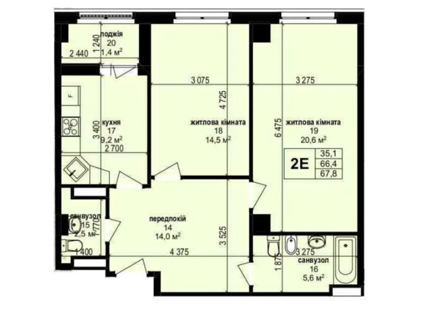 ЖК Манхэттен: планировка 2-комнатной квартиры 67.8 м²