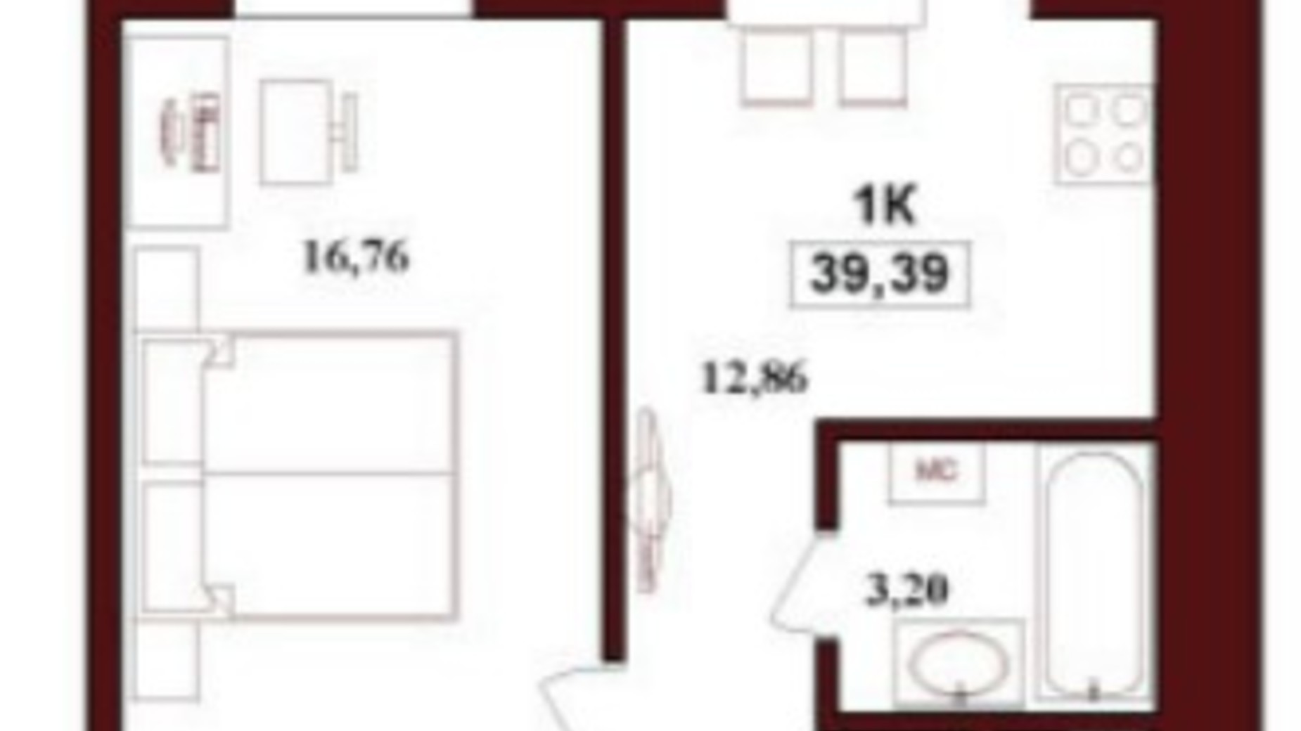 Планування 1-кімнатної квартири в ЖК Гетьманський 39.39 м², фото 576403