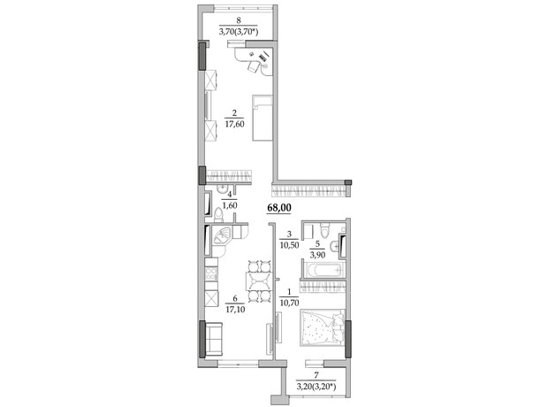 ЖК Таировские сады: планировка 2-комнатной квартиры 68 м²