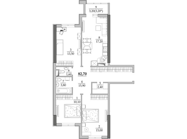 ЖК Таїровські сади: планування 3-кімнатної квартири 82.7 м²