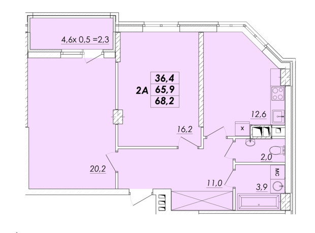 ЖК Realpark: планировка 2-комнатной квартиры 68.2 м²