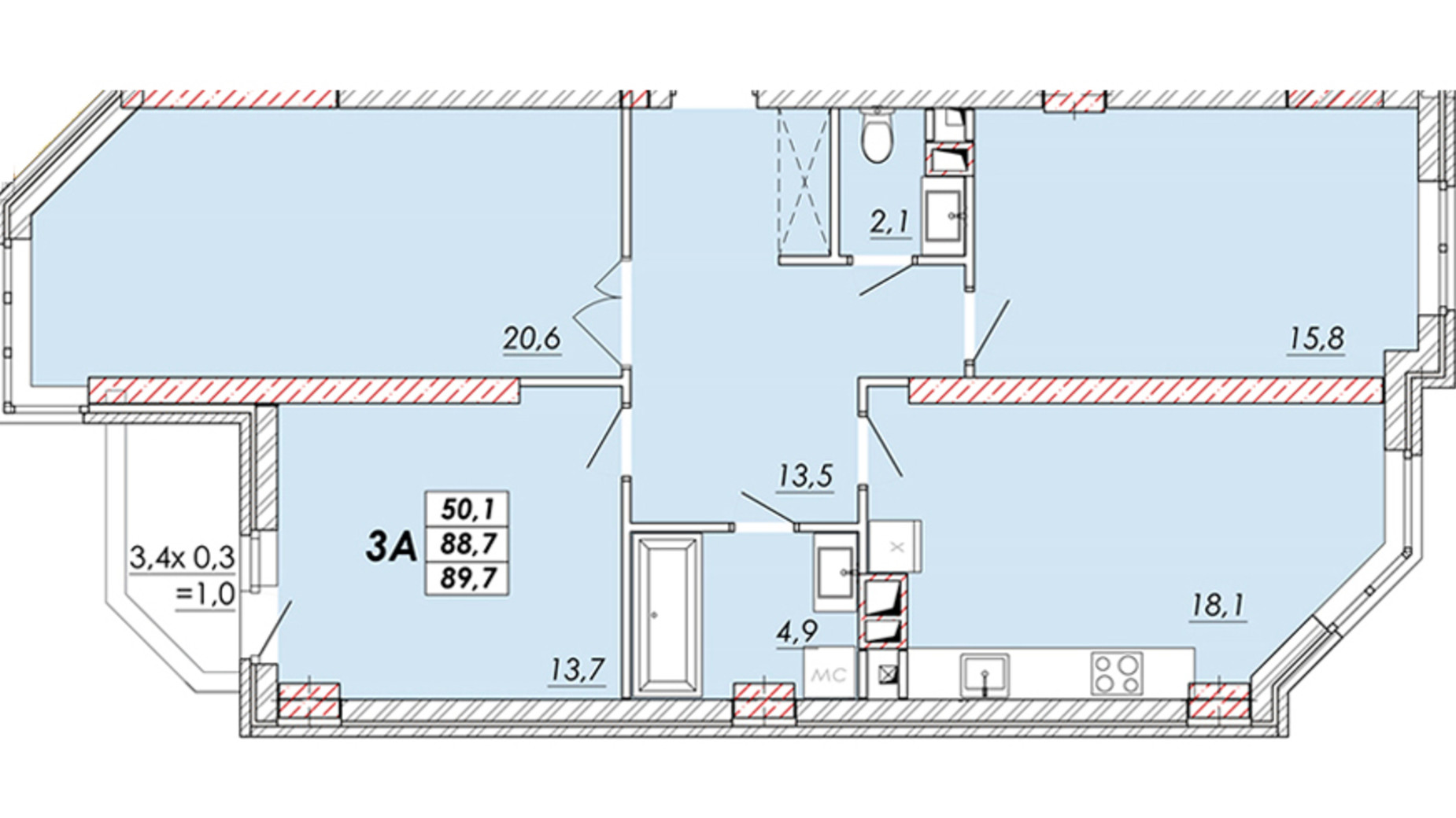 Планировка 3-комнатной квартиры в ЖК Realpark 89.7 м², фото 576485