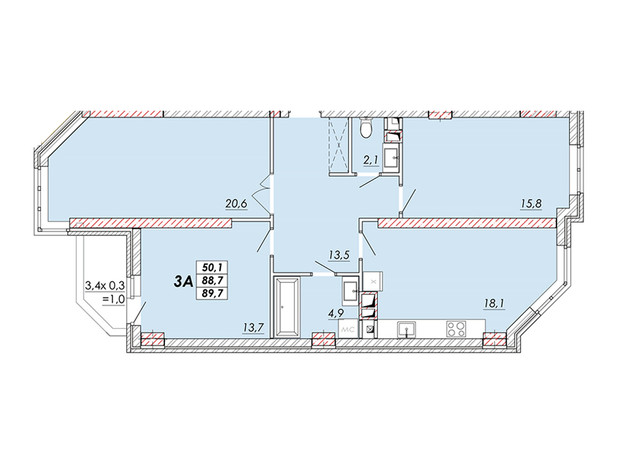 ЖК Realpark: планування 3-кімнатної квартири 89.7 м²