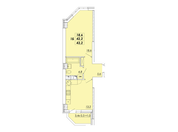 ЖК Realpark: планировка 1-комнатной квартиры 43.2 м²