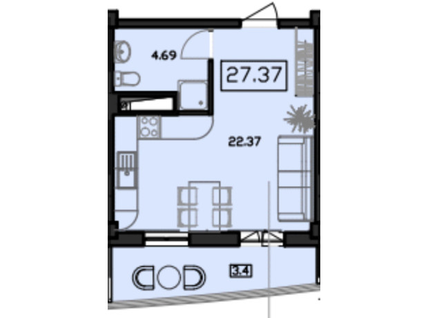 ЖК Unity Towers: планировка 1-комнатной квартиры 30.77 м²