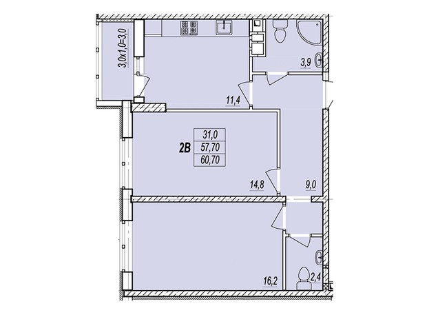 ЖК Прохоровський квартал: планування 2-кімнатної квартири 60.8 м²