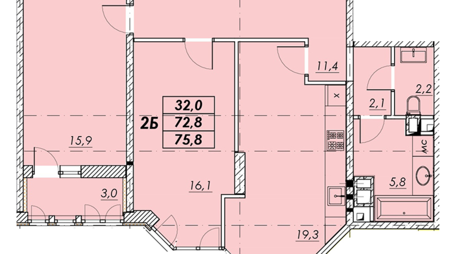 Планування 2-кімнатної квартири в ЖК Прохоровський квартал 75.4 м², фото 576564